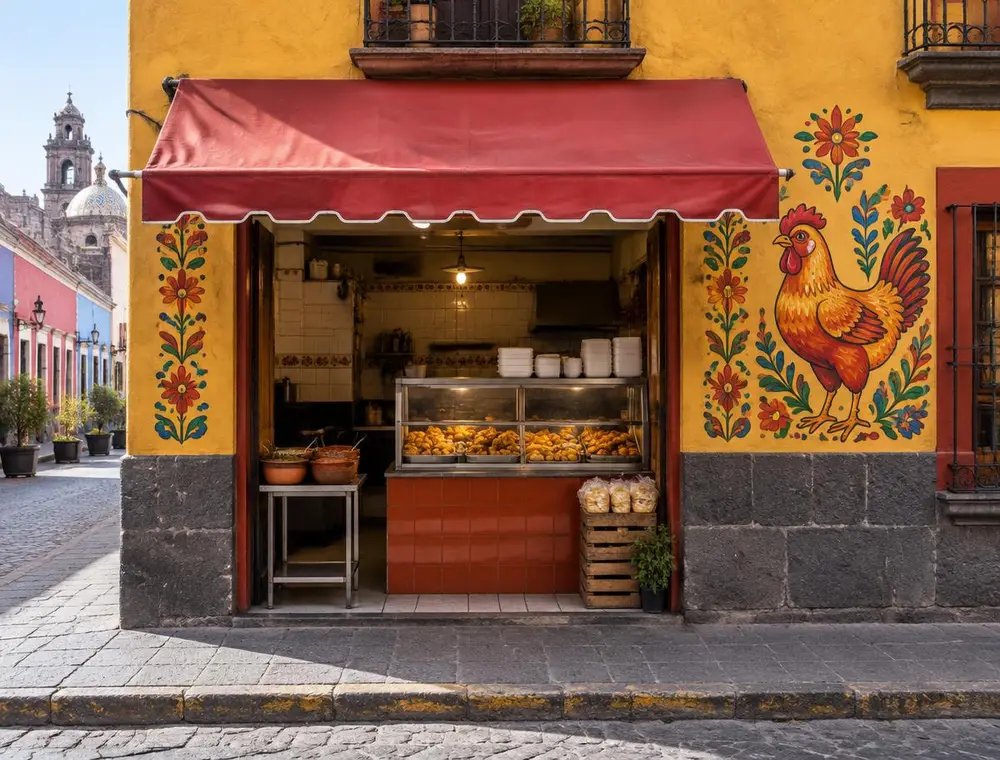 Fachada de pollería tradicional con toldo rojo en una calle del centro